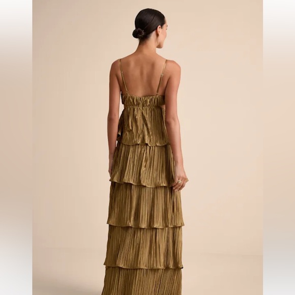 Lulus Kanya Gold Satin Plisse Tiered Maxi Wedding Guest Dress - Picture 5 of 9